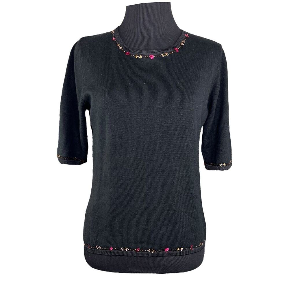 Susan Bristol Silk Blend Fine Gauge Beaded EmbellishedBlack Sweater Jeweled Sz M